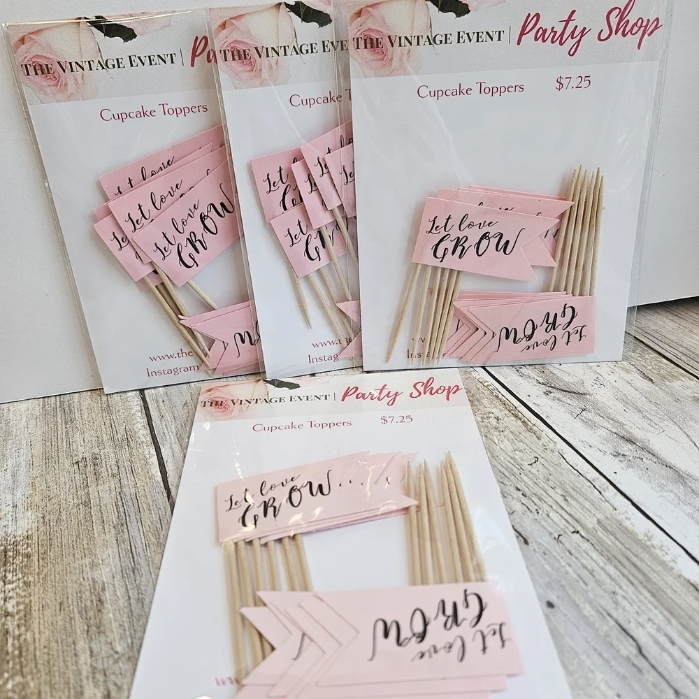 48 Pink Cupcake Toppers- Let Love Grow